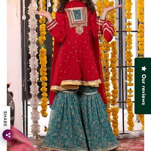 Girls Red & Teal Traditional Embroidered Dress Set